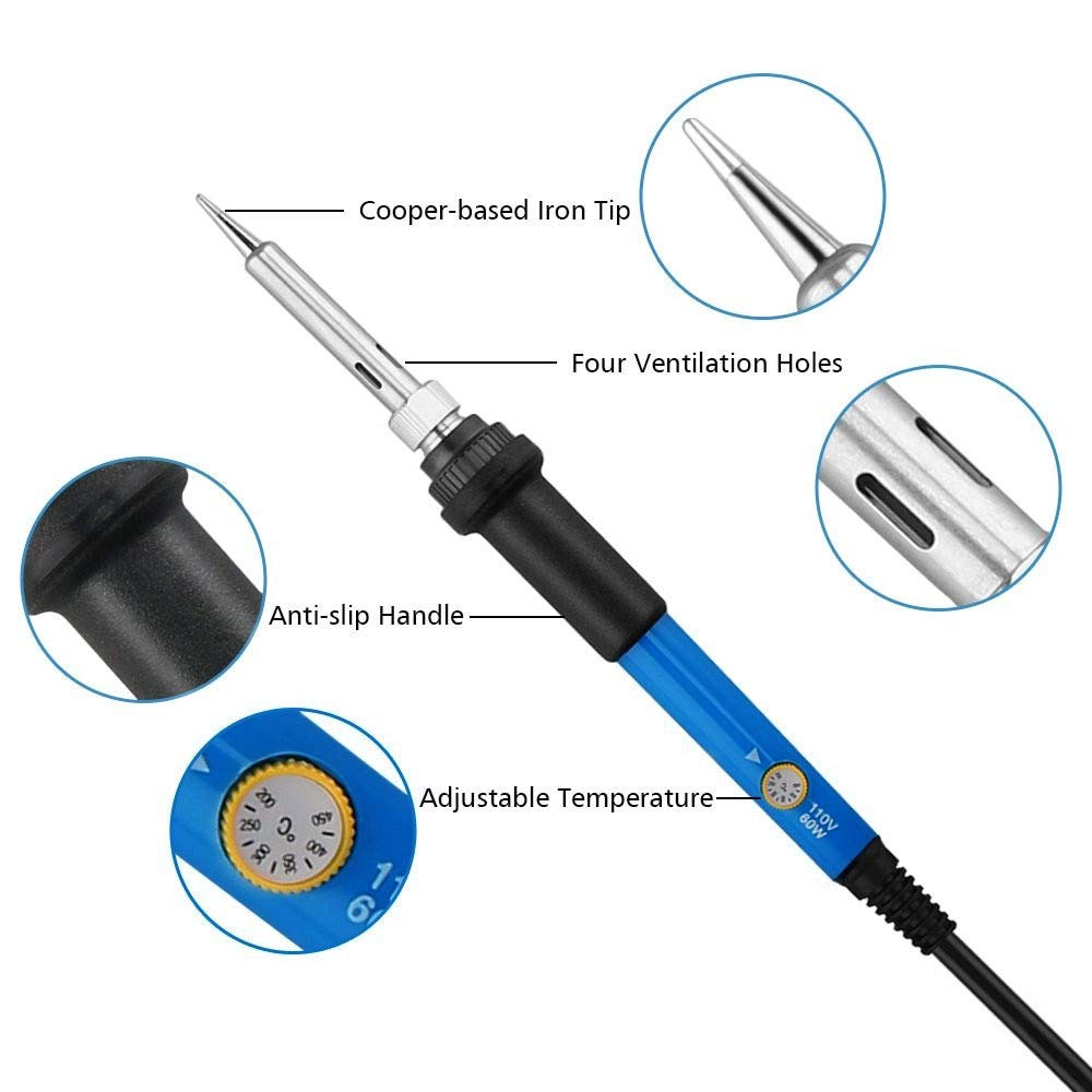 Ekavir 60W 220V Temperature Adjustable Electric Welding Solder Soldering Iron Rework Station Handle Heat Pencil Tool -Blue